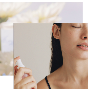 Partial close-up of a woman misting her skin, captured mid-spray to emphasize freshness, hydration, and a radiant glow. The relaxed posture and soft lighting complement Gardeny’s cleansing-first philosophy, showing how the Reset & Refresh Mini Duo preps the skin to stay clean, conditioned, and ready to absorb moisture from Rose PDRN skincare steps.