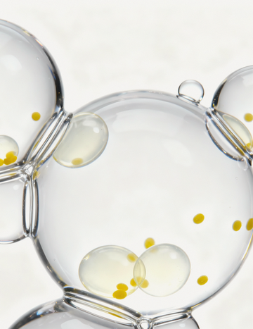 Macro shot of translucent serum bubbles infused with golden micro-droplets representing Gardeny’s vitamin peptides that brighten, firm, and strengthen the skin barrier. The visual illustrates the active complex working alongside plant-based Damask Rose PDRN and Rose Callus Extract to boost radiance, support renewal, and create a healthy, glowing complexion.