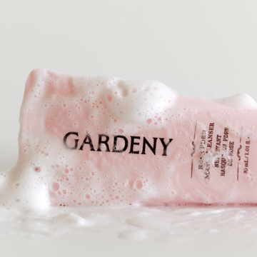 Gardeny’s Rose PDRN Mask Cleanser shown covered in airy, cushiony foam, emphasizing its purifying yet skin-comforting formula. The visual highlights deep but gentle cleansing that removes impurities without stripping moisture, showcasing Gardeny’s balance of hydration, radiance, and skin-first care powered by plant-based Damask Rose PDRN for soft, refreshed skin.