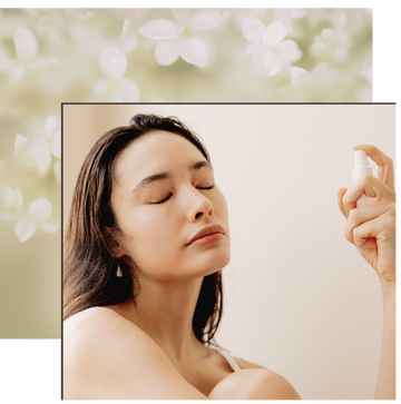 Serene portrait of a woman spraying Gardeny Rose PDRN Mist Toner with eyes closed in a sunlit, minimal setting. The scene captures refreshing on-the-go hydration powered by Damask Rose PDRN, showing instant glow, moisture replenishment, and calming comfort. Emphasizes Gardeny’s lightweight Korean mist designed for anytime radiance and soothing hydration throughout the day.