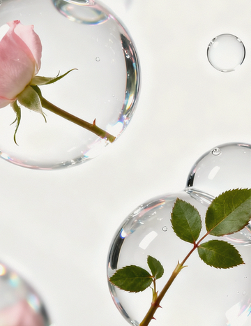 Botanical visual of a rose stem and fresh green leaves encapsulated in glossy serum bubbles, reflecting key Gardeny ingredients: plant-based Damask Rose PDRN for elasticity and Rose Callus Extract devired from lab-cultivated rose cells for calming irritation, improving hydration and boosting skin firmness. Clean, nature-driven imagery reinforces Gardeny’s gentle Korean skincare approach focused on hydration, glow, and barrier comfort.