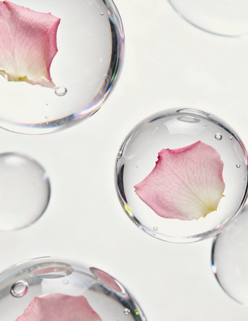 Close-up of a soft pink rose petal suspended inside a clear serum bubble, symbolizing Damask Rose PDRN and Rose Callus Extract used in Gardeny formulas for elasticity, glow, and soothing hydration. This botanical visual reflects the hydrating actives and skin-conditioning benefits that appeal to users searching for gentle, plant-based Korean PDRN skincare.