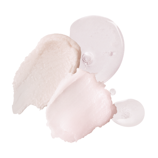 Textural swatches of the Gardeny Essential Mini Trio formulas shown on a white background, including the silky cleansing balm, the creamy mask cleanser, and lightweight Rose PDRN hydration captured through dewy droplets. The image emphasizes the trio’s soothing textures, moisture-boosting benefits, and gentle approach to cleansing and revitalizing all skin types.