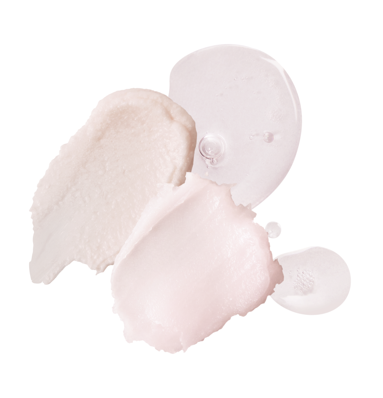 Textural swatches of the Gardeny Essential Mini Trio formulas shown on a white background, including the silky cleansing balm, the creamy mask cleanser, and lightweight Rose PDRN hydration captured through dewy droplets. The image emphasizes the trio’s soothing textures, moisture-boosting benefits, and gentle approach to cleansing and revitalizing all skin types.