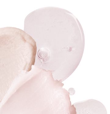 Textural swatches of the Gardeny Essential Mini Trio formulas shown on a white background, including the silky cleansing balm, the creamy mask cleanser, and lightweight Rose PDRN hydration captured through dewy droplets. The image emphasizes the trio’s soothing textures, moisture-boosting benefits, and gentle approach to cleansing and revitalizing all skin types.