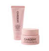 Gardeny Reset & Refresh Mini Duo displayed with the Rose PDRN Mask Cleanser and Rose PDRN Cleansing Balm in soft pink packaging. The scene highlights a complete two-step cleansing ritual that melts makeup, hydrates deeply, and refreshes skin anywhere. Emphasizes plant-based Damask Rose PDRN for radiance, moisture retention, and gentle daily skin renewal ideal for sensitive or dry skin.