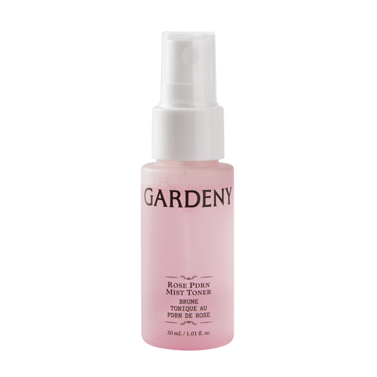 Gardeny Rose PDRN Mist Toner in its soft pink bottle, formulated with plant-based Damask Rose PDRN to deliver deep hydration, radiant skin glow, and non-sticky daily moisture. The 30ml travel-friendly spray supports first-step toning and quick on-the-go refreshes, even over makeup, ideal for beginners seeking lightweight Korean PDRN hydration that calms and replenishes dry or tight skin.
