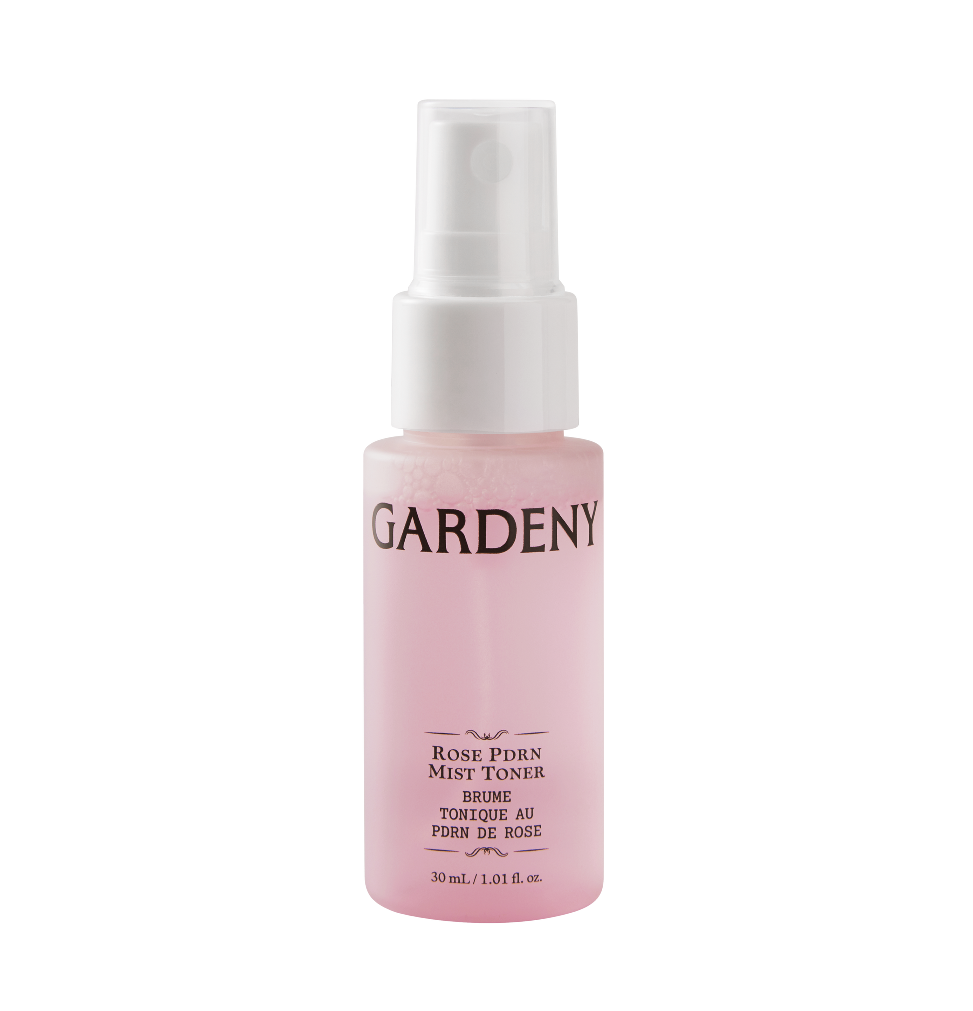 Gardeny Rose PDRN Mist Toner in its soft pink bottle, formulated with plant-based Damask Rose PDRN to deliver deep hydration, radiant skin glow, and non-sticky daily moisture. The 30ml travel-friendly spray supports first-step toning and quick on-the-go refreshes, even over makeup, ideal for beginners seeking lightweight Korean PDRN hydration that calms and replenishes dry or tight skin.