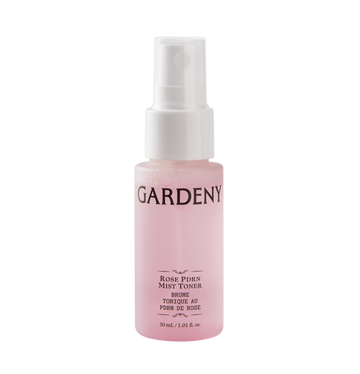 Gardeny Rose PDRN Mist Toner in its soft pink bottle, formulated with plant-based Damask Rose PDRN to deliver deep hydration, radiant skin glow, and non-sticky daily moisture. The 30ml travel-friendly spray supports first-step toning and quick on-the-go refreshes, even over makeup, ideal for beginners seeking lightweight Korean PDRN hydration that calms and replenishes dry or tight skin.