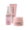 Gardeny Essential Mini Trio displayed on a clean white background, featuring the Rose PDRN Mist Toner, Mask Cleanser, and Cleansing Balm in soft pink packaging. The set highlights the complete 3-step routine designed to cleanse, hydrate, and revive skin with rose-powered moisture and gentle, skin-first formulas ideal for travel and on-the-go self-care.