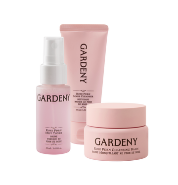 Gardeny Essential Mini Trio displayed on a clean white background, featuring the Rose PDRN Mist Toner, Mask Cleanser, and Cleansing Balm in soft pink packaging. The set highlights the complete 3-step routine designed to cleanse, hydrate, and revive skin with rose-powered moisture and gentle, skin-first formulas ideal for travel and on-the-go self-care.
